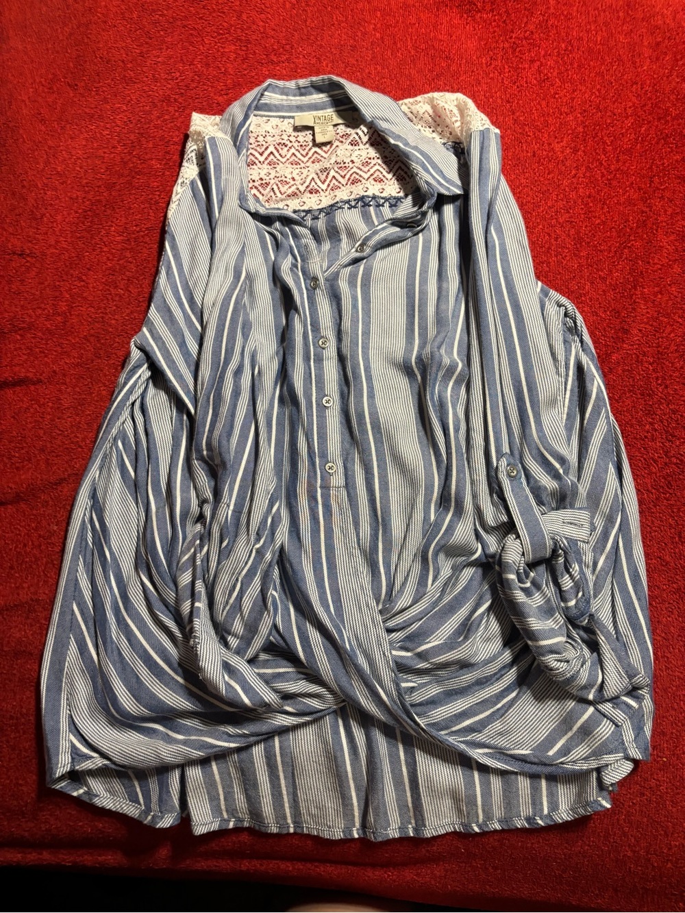 Vintage America Blue and White Striped blouse Button-Down with lace trim Size L